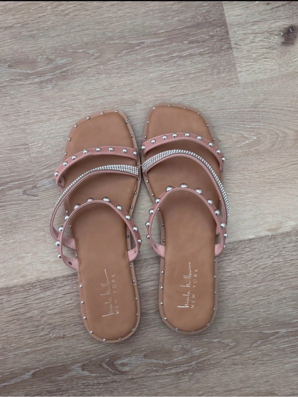 Nicole Miller Studded Slide Sandals with Rhinestone Band